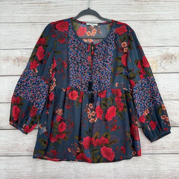 Pale Sky Floral Boho Multi Print Blouse Womens Medium Blue Red Semi Sheer - Picture 1 of 12